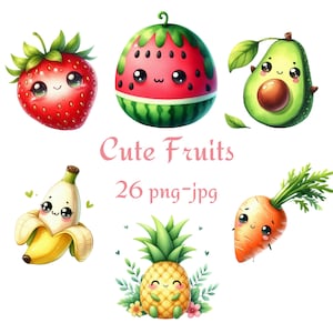26 Cute Fruits Clipart, Various Colorful Fruits Clipart, Watercolor Cute Fruits High Quality Transparent Background 300 Dpı PNG JPG