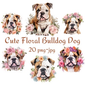 20 Süßer Blühender Bulldogge Hund Clipart, Süßes Blumen Bulldogge Hund Clipart, Aquarell Süßer Bulldogge Hund Clipart, Aquarell 300 Dpı PNG JPG