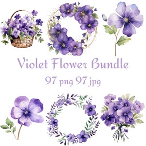 97 Pacote De Flores Violetas Clipart, Cesta, Buquê, Flor, Coroa, Coroa Com Glitter Dourado Aquarela Violeta PNG JPG Clipart