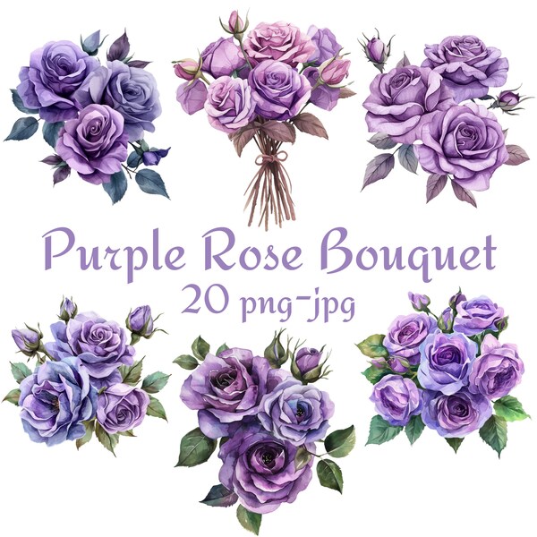 20 Purple Rose Bouquet Clipart, Wedding Bridal Shower Purple Rose Bouquet Flowers Clipart, Watercolor Purple Rose Bouquet PNG JPG