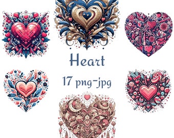 17 Imágenes Prediseñadas de corazón de San Valentín de flores, imágenes prediseñadas únicas de corazón de San Valentín, corazón de San Valentín de flores de acuarela 300 Dpı PNG JPG Imágenes Prediseñadas
