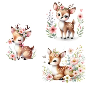 Pode incluir: Tr&ecirc;s veados de desenho animado ador&aacute;veis com coroas de flores cor-de-rosa e manchas marrons. Cada veado est&aacute; rodeado de flores cor-de-rosa e folhas verdes.