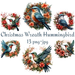 13 Clipart de guirlanda de Natal, clipart de guirlanda de Natal em aquarela com pássaros, clipart de beija-flor, lindo beija-flor PNG JPG