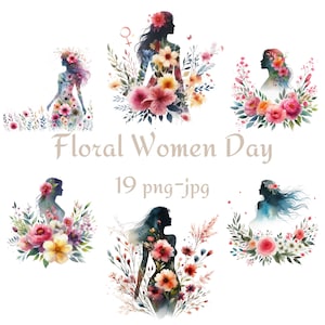 19 Clipart floral del día de la mujer, silueta del día de la mujer con imágenes prediseñadas de flores, fondo transparente de las mujeres florales de la acuarela 300 Dpı PNG JPG