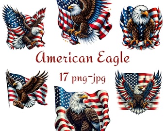 17 American Eagle Clipart, American Flag and Eagle Figure Clipart, Eagle On America Flag Watercolor 300 Dpı PNG JPG Clipart