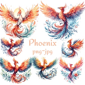 Phoenix clipart, aquarel Phoenix clipart, aquarel Phoenix 300 Dpı PNG JPG clipart, 15 hoge kwaliteit Phoenix clipart