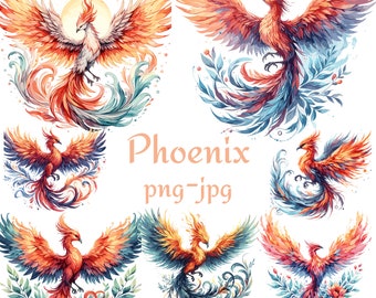 Phoenix Clipart, Watercolor Phoenix Clipart, Watercolor Phoenix 300 Dpı PNG JPG Clipart, 15 High Quality Phoenix Clipart