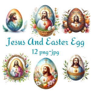 12 Imágenes Prediseñadas de Jesús y huevo de Pascua, Jesús con imágenes prediseñadas de huevo de Pascua, imágenes prediseñadas de huevo de Pascua, fondo transparente de acuarela 300 Dpı PNG JPG Imágenes Prediseñadas
