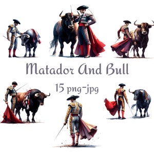 15 Matador i Byk Clipart, Hiszpańska Kultura Matador i Byk Clipart, Akwarela Matador i Byk Przezroczyste Tło 300 Dpı PNG JPG