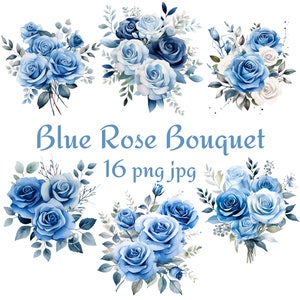 16 Blaue Rose Blumenstrauß Clipart, 16 Hochzeit Brautdusche Blaue Rose Blumenstrauß Clipart, Aquarell Blaue Rose Blumenstrauß PNG JPG