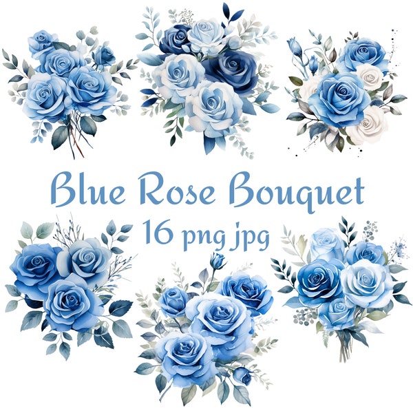 16 Blue Rose Bouquet Clipart, 16 Wedding Bridal Shower Blue Rose Bouquet Clipart, Watercolor Blue Rose Bouquet PNG JPG