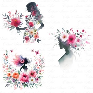 Puede incluir: Tres ilustraciones de acuarela de mujeres con dise&ntilde;os florales. La primera ilustraci&oacute;n muestra a una mujer sosteniendo un ramo de flores rosas. La segunda ilustraci&oacute;n muestra a una mujer con flores rosas en el pelo. La tercera ilustraci&oacute;n muestra a una mujer con flores rosas alrededor de ella.