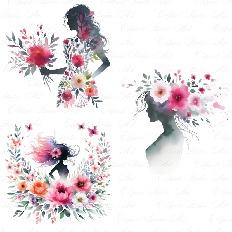 Puede incluir: Tres ilustraciones de acuarela de mujeres con dise&ntilde;os florales. La primera ilustraci&oacute;n muestra a una mujer sosteniendo un ramo de flores rosas. La segunda ilustraci&oacute;n muestra a una mujer con flores rosas en el pelo. La tercera ilustraci&oacute;n muestra a una mujer con flores rosas alrededor de ella.