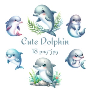 18 Süßer Delfin Clipart, hochwertiger Süßer Delfin Clipart, Aquarell Süßer Delfin Transparenter Hintergrund 300 Dpı PNG JPG Clipart