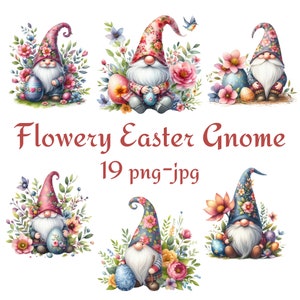 19 Blumige Ostern Gnome Clipart, niedliche Gnome Clipart, Zwerge mit Blumen und Eiern Clipart, blumige Ostern Gnome PNG JPG Clipart