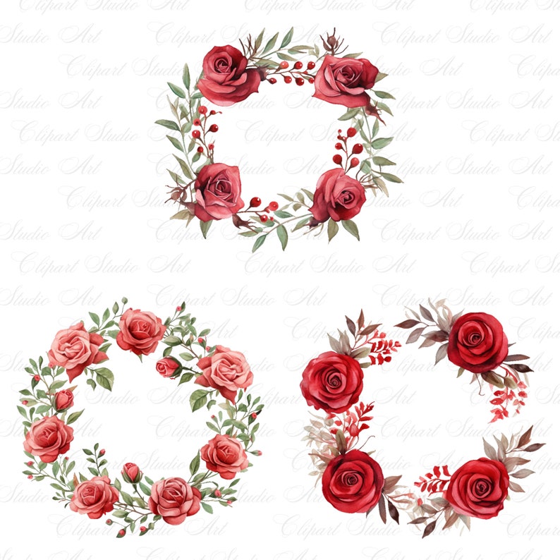 16 Red Rose Wreath Clipart, Wedding Bridal Shower Red Rose Wreath