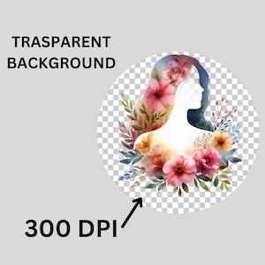 Puede incluir: Una ilustraci&oacute;n de acuarela de la silueta de una mujer con flores en el pelo y alrededor del cuerpo. El fondo es transparente.