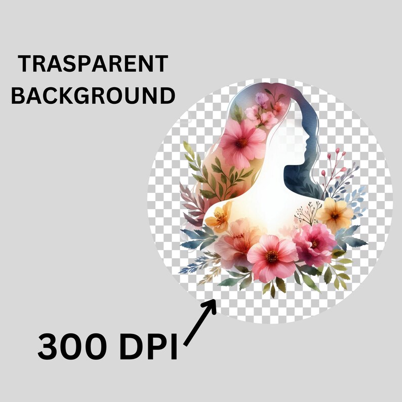 Puede incluir: Una ilustraci&oacute;n de acuarela de la silueta de una mujer con flores en el pelo y alrededor del cuerpo. El fondo es transparente.