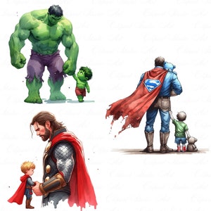 May include: Watercolor illustrations of superheroes with children. The Hulk holds a child's hand, Superman carries a teddy bear, and Thor looks down at a child. Each superhero wears their signature costume, with vibrant colors.