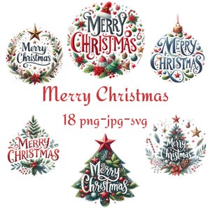 18 Clipart de Feliz Navidad, Clipart de Texto de Feliz Navidad, Acuarela Feliz Navidad Fondo Transparente de Alta Calidad 300 Dpı PNG JPG SVG