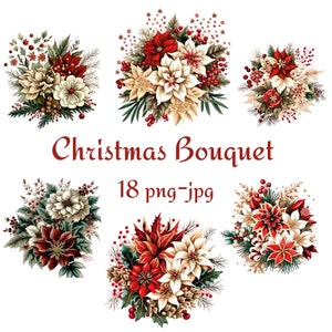 18 Clipart de buquê de natal, clipart de flores coloridas, aquarela de alta qualidade 300 Dpı buquê de flores PNG JPG clipart