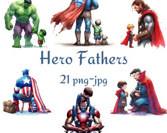 21 Imágenes Prediseñadas de padres héroes, imágenes prediseñadas de héroes de padre e hijos, padres héroes de acuarela fondo transparente de alta calidad 300 Dpı PNG JPG