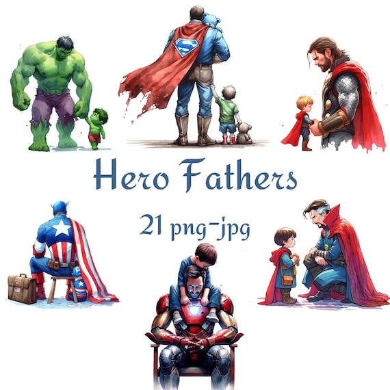21 Hero Fathers Clipart, Father And Children Heros Clipart, Watercolor Hero Fathers High Quality Transparent Background 300 Dpı PNG JPG