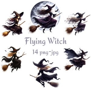 14 Imágenes prediseñadas de bruja voladora de Halloween, bruja de Halloween y escoba, fondo transparente de bruja voladora de acuarela 300 ppp PNG JPG Clipart