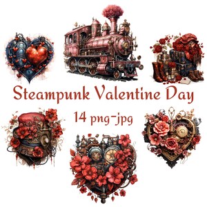 14 Steampunk Alla hjärtans dag akvarell Clipart, Steampunk Alla hjärtans dag hjärta Clipart, Steampunk element paket Clipart, PNG JPG Clipart