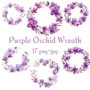 17 lila Orchidee Kranz Clipart, Hochzeit Brautparty lila Orchidee Kranz Clipart, Aquarell lila Orchidee Kranz PNG JPG