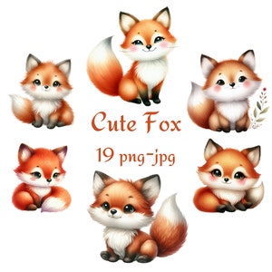 19 Clipart di volpe carina, clipart di volpe selvatica, acquerello volpe carina sfondo trasparente di alta qualità alta qualità 300 Dpı PNG JPG Clipart