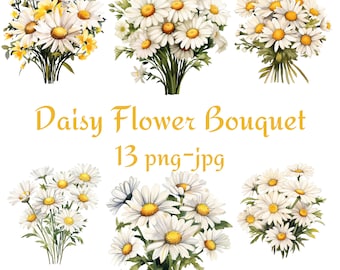 13 Daisy Flower Bouquet Clipart, Wedding Bridal Shower Daisy Flower Bouquet Clipart, Watercolor Daisy Flower Bouquet PNG JPG