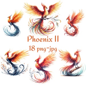 18 Clipart Phoenix II, Clipart Phoenix di alta qualità, Clipart Phoenix acquerello, Clipart Phoenix acquerello 300 Dpı PNG JPG,