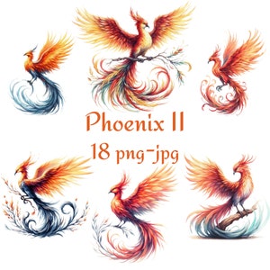 18 Phoenix II Clipart, High Quality Phoenix Clipart, Watercolor Phoenix Clipart, Watercolor Phoenix 300 Dpı PNG JPG Clipart,