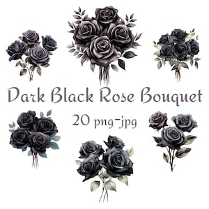 20 Cute Dark Black Rose Bouquet Clipart, Wedding Bridal Shower Black Rose High Quality Clipart, Watercolor Black Rose 300 Dpı PNG JPG