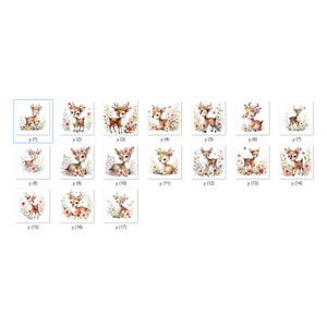 Pode incluir: Um conjunto de 17 ilustra&ccedil;&otilde;es digitais com veados de desenho animado fofinhos com detalhes florais. Os veados s&atilde;o marrons com manchas brancas e t&ecirc;m olhos grandes e expressivos. As flores s&atilde;o rosa, brancas e amarelas.