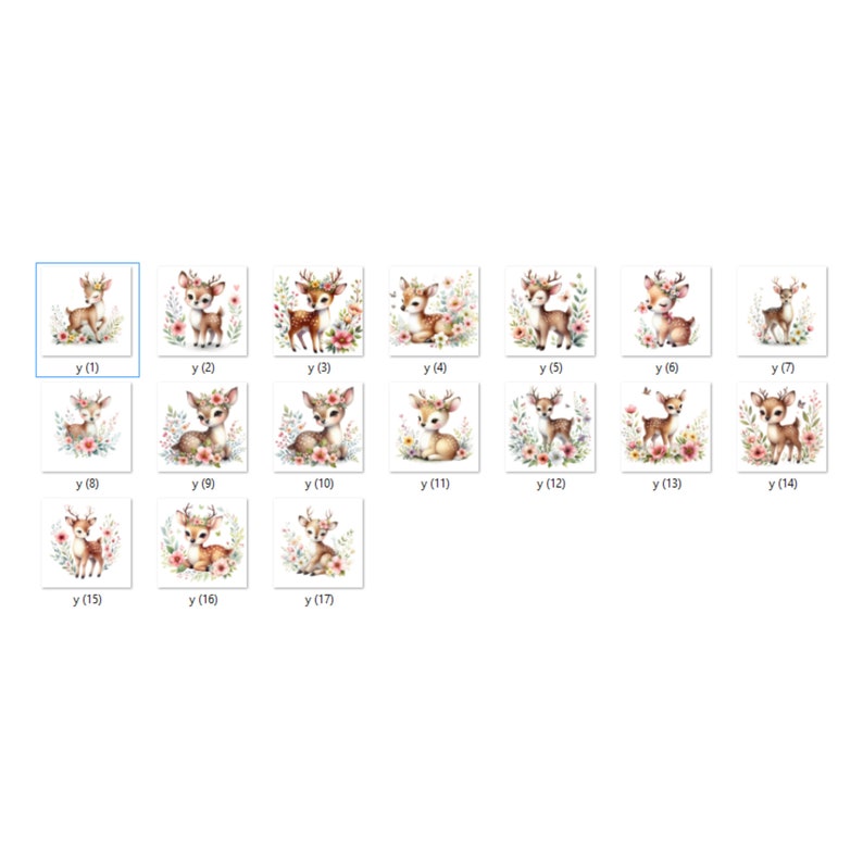 Pode incluir: Um conjunto de 17 ilustra&ccedil;&otilde;es digitais com veados de desenho animado fofinhos com detalhes florais. Os veados s&atilde;o marrons com manchas brancas e t&ecirc;m olhos grandes e expressivos. As flores s&atilde;o rosa, brancas e amarelas.