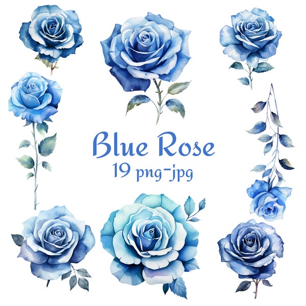 19 Blue Rose Clipart, Wedding Bridal Shower Blue Rose Flowers Clipart, Watercolor Blue Rose Flower, Blue Rose Watercolor Clipart PNG JPG