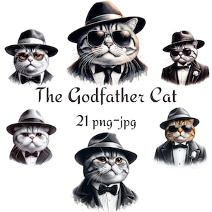 21 El Padrino Gato Clipart, Lindos Gatos Serios Clipart, Acuarela El Padrino Gato Fondo Transparente Alta Calidad 300 Dpı PNG JPG