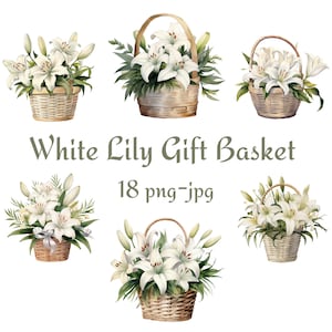 18 witte lelie cadeau mand clipart, bruiloft bruids douche witte lelie cadeau mand bloemen clipart, witte lelie cadeau mand clipart PNG JPG