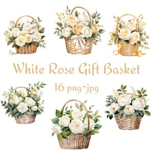 16 weiße Rose Geschenkkorb Clipart, Hochzeit Brautparty weiße Rose Blumen Clipart, Aquarell weiße Rose Geschenkkorb Clipart PNG JPG