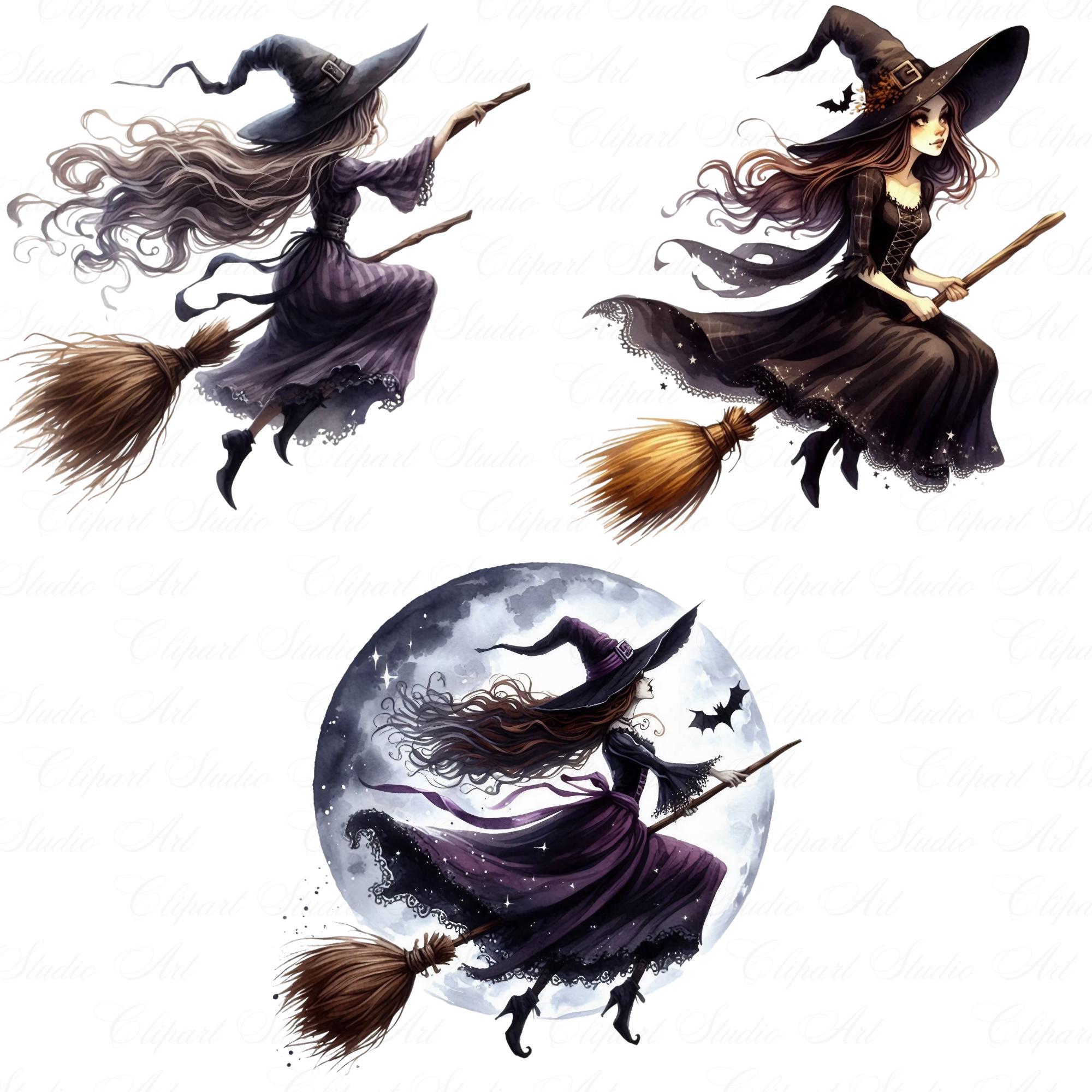 14 Halloween Flying Witch Clipart, Halloween Witch and Broom