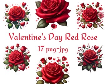 17 Valentine's Day Red Rose Clipart, Valentine's Day Red Rose Bouquet Clipart, Watercolor Transparent Background 300 Dpı PNG JPG Clipart