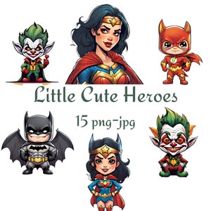 15 Little Cute Heroes Clipart, Baby Super Heroes Clipart, Aquarela Little Cute Heroes Fundo Transparente 300 Dpı PNG JPG Clipart