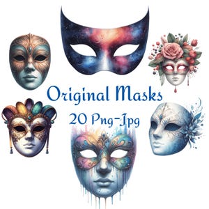 20 máscaras originales, imágenes prediseñadas, máscaras coloridas, mascaradas, acuarela y varias máscaras de fiesta, fondo transparente de alta calidad, 300 dpi, PNG, JPG