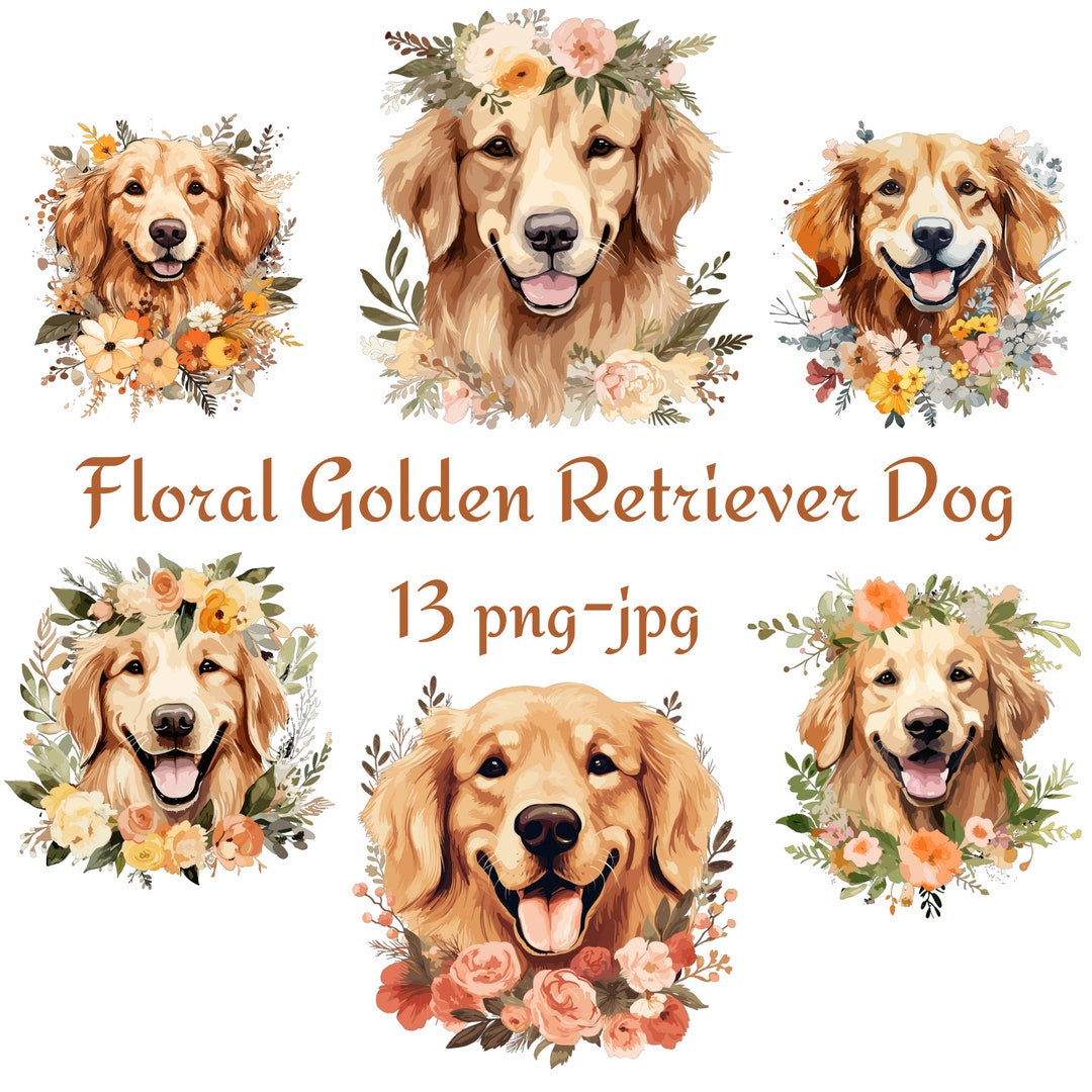 13 Floral Golden Retriever Dog Clipart, Golden Retriever Dog Clipart ...