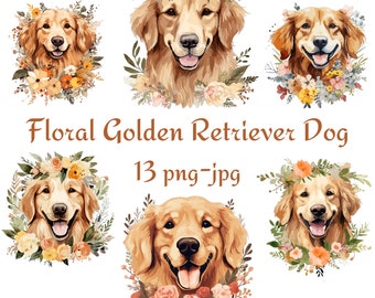 13 Floral Golden Retriever Dog Clipart, Golden Retriever Dog Clipart, Watercolor Floral Golden Retriever Dog 300 Dpı PNG JPG Clipart