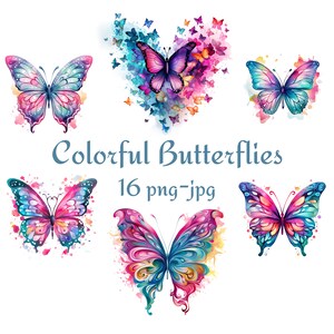 16 bunte Schmetterlinge Clipart, Aquarell bunte Schmetterling Clipart, bemalte Schmetterling Clipart, hochwertige 300 Dpı transparente PNG JPG