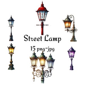 15 Clipart de lâmpada de rua, clipart de lâmpada autêntica, lâmpada de rua antiga, nostalgia, natal, aniversário, presente de casamento aquarela 300 Dpı PNG JPG