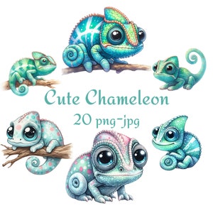 20 süße Chamäleon Clipart, hochwertige süße Chamäleon Clipart, Aquarell süßes Chamäleon transparenter Hintergrund 300 Dpı PNG JPG Clipart